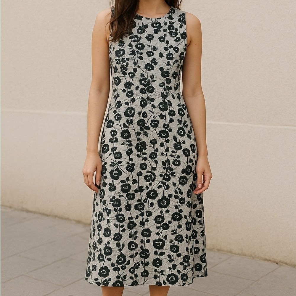 Max Mara Women's Dress Size 2 Crinkle Silver Black Abstract Floral Drape Neck